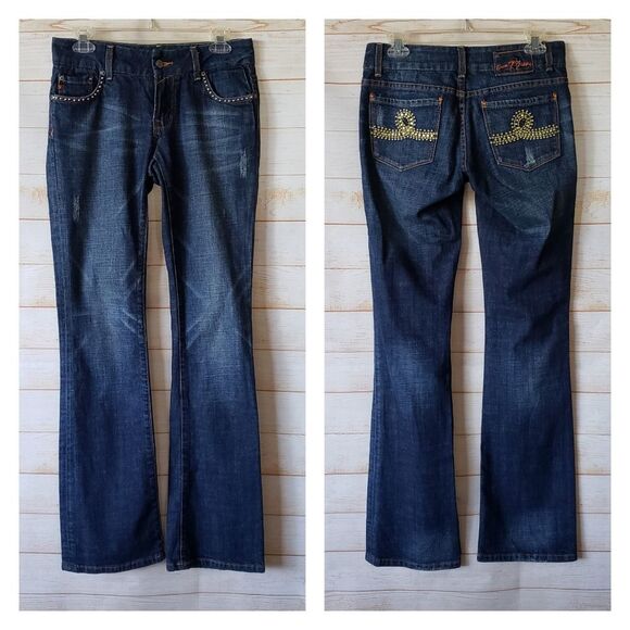 7 For All Mankind Embellished Rhinestone Distressed Regular Bootcut Denim Jeans - Picture 1 of 12